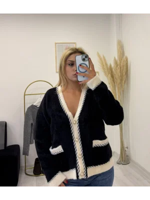 Siyah Beyaz Biyeli İnci Düğmeli Triko Hırka