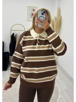 Polo Yaka Çizgili Oversize Triko Kazak - Kahve/Beyaz