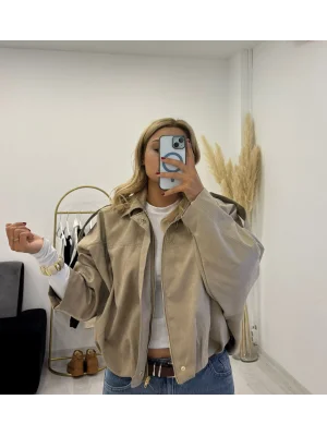 Fermuarlı Oversize Bomber Ceket - Bej/Siyah