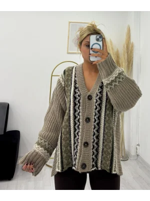 Etnik Desenli V Yaka Düğmeli Hırka