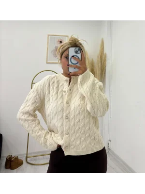 Burgu Desenli Bisiklet Yaka Parlak Düğmeli Hırka