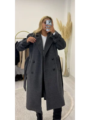 Kruvaze Yaka Kuşaklı Uzun Palto