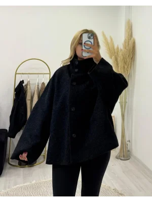 Dik Yaka Düğmeli Oversize Kısa Panço Ceket