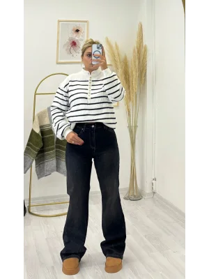 Siyah Yüksek Bel Bootcut/Hafif Geniş Paça Jean