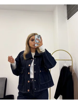 Rose Gold Düğme Detaylı Koyu Lacivert Jean (Ceket)