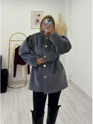 Gold Düğmeli Büzgülü Bel Tüylü Kısa Kaban - Füme/Siyah