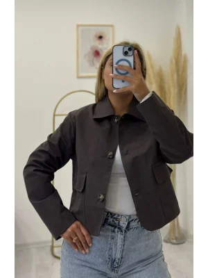 Crop Kesim Klasik Yakalı Büyük Cepli Kanvas Ceket - Bej/Vizon