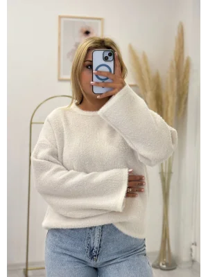 Krem Tüylü Oversize Triko Kazak