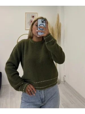 Kontrast Beyaz Dikiş Detaylı Kalın Triko Kazak - Haki & Kahverengi