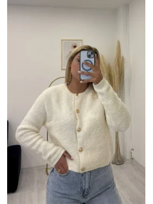 Gold Düğmeli Bukle (Fuzzy) Triko Hırka - Krem, Kahverengi & Siyah