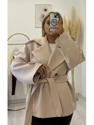Kruvaze Kuşaklı Geniş Yakalı Kısa Kaşe Ceket - Bej, Siyah & Vizon