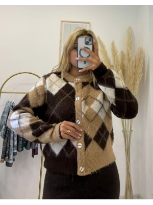 Argyle (Baklava) Desenli Yuvarlak Yaka Düğmeli Tüylü Hırka