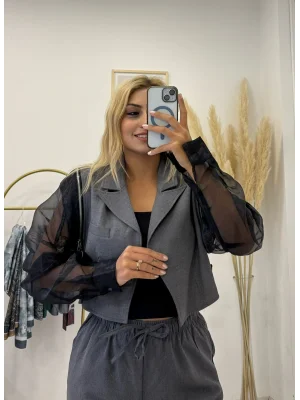 Çıkarılabilir Tül Kollu Crop Yelek & Ceket