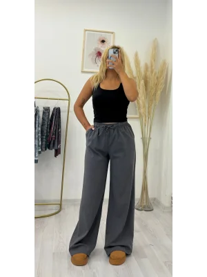 Büzgülü/Bağcıklı Bel Geniş Paça Dokuma Pantolon - Füme/Koyu Gri