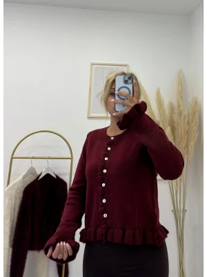 Peplum Kesim Fırfırlı Düğmeli Triko Kardigan - Vişne Çürüğü