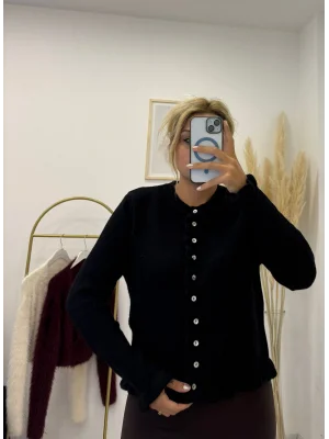 Peplum Kesim Fırfırlı Düğmeli Triko Kardigan - Siyah