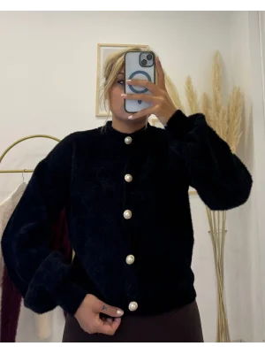 İnci Düğmeli Balon Kollu Yumuşak Tüylü (Fuzzy) Triko Hırka - Siyah