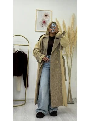 Patchwork (Kombin) Desenli ve Düz Kumaşlı Uzun Trench Coat - Bej & Ekose