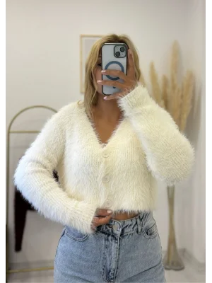 V Yaka Düğmeli Yumuşak Tüylü (Shaggy) Crop Triko Hırka - Krem/Ekru