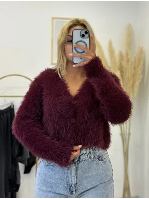 V Yaka Düğmeli Yumuşak Tüylü (Shaggy) Crop Triko Hırka - Vişne Çürüğü/Bordo