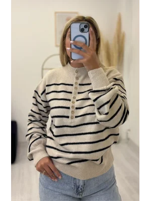 Düğmeli Yaka Çizgili Oversize Kazak