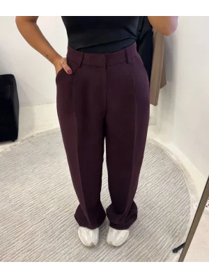 Mürdüm Pile Detaylı Yüksek Bel Wide Leg Pantolon