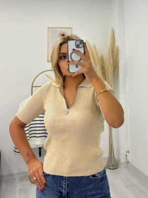 Kısa Kollu Fermuarlı Polo Yaka Triko