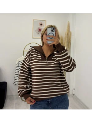 Yarım Fermuarlı Çizgili Oversize Triko Kazak