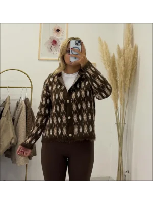 Baklava Desenli Düğmeli Hırka - Kahverengi (veya Bordo)