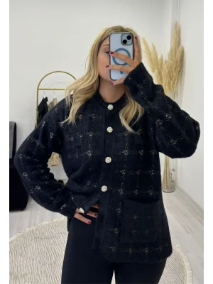 Taş Düğmeli Tüylü Triko Hırka - Siyah