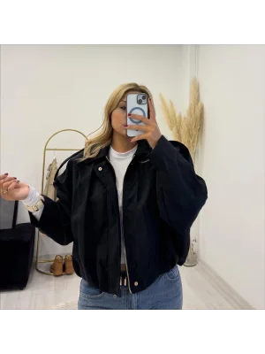 Fermuarlı Oversize Bomber Ceket - Bej/Siyah