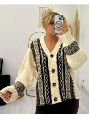 Etnik Desenli V Yaka Düğmeli Hırka