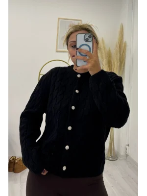 Burgu Desenli Bisiklet Yaka Parlak Düğmeli Hırka