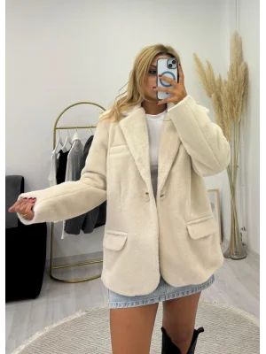 Oversize Tek Düğmeli Tüylü Kaşe Ceket - Krem/Gri