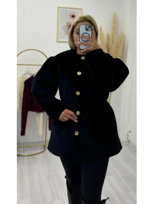 Gold Düğmeli Büzgülü Bel Tüylü Kısa Kaban - Füme/Siyah