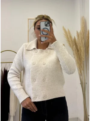 Kruvaze Yakalı Çift Düğmeli Fitilli Örgü Kısa Triko Hırka - Krem/Ekru