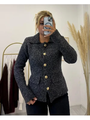 Tüvit (Buklet) Görünümlü Gold Düğmeli Triko Ceket - Antrasit Melanj