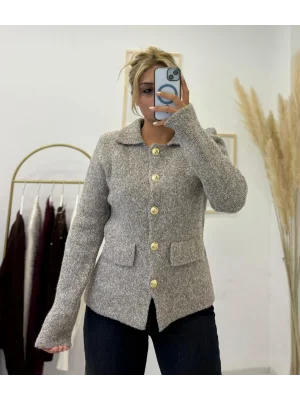 Tüvit (Buklet) Görünümlü Gold Düğmeli Triko Ceket - Açık Bej/Gri Melanj