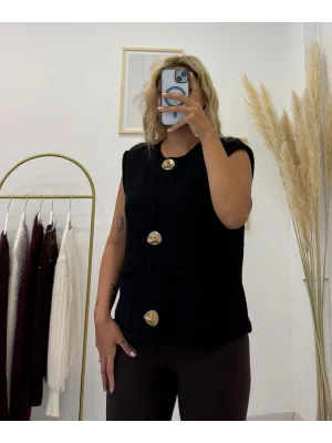 Büyük Metal Düğmeli Kolsuz Triko Süveter/Yelek - Siyah