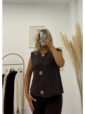 Büyük Metal Düğmeli Kolsuz Triko Süveter/Yelek Kahverengi