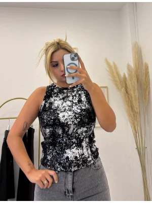 Simli Abstrakt (Soyut) Desenli Kolsuz Bluz/Atlet - Siyah Gümüş