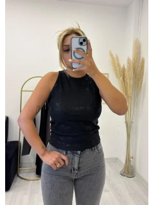 Simli Abstrakt (Soyut) Desenli Kolsuz Bluz/Atlet - Siyah