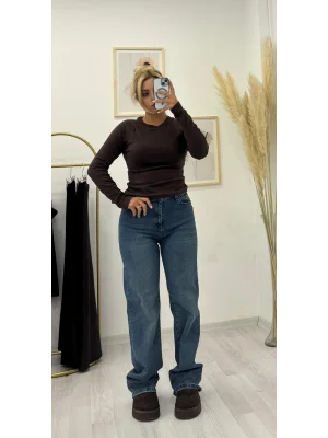 Yüksek Bel Düz Paça Klasik Bitişli Jean Pantolon - Orta Mavi