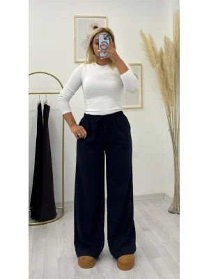 Tok Kumaş Beli İpli Palazzo Pantolon - Lacivert