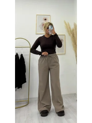 Tok Kumaş Beli İpli Palazzo Pantolon - Açık Kahve/Vizon