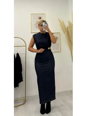 Sıfır Kol Yırtmaçlı Gold Tokalı Denim Elbise