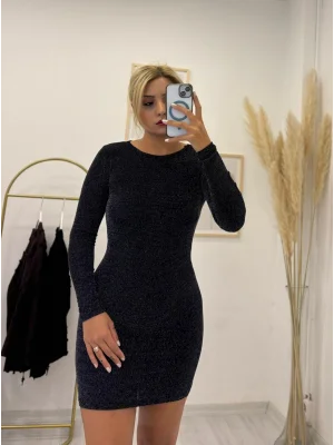 Fit Kesim Işıltılı Siyah Uzun Kollu Mini Palet Elbise