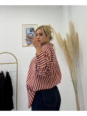 Oversize Dikey Çizgili Poplin Gömlek - Bordo Krem