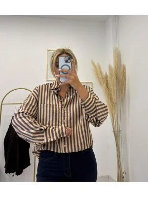 Oversize Dikey Çizgili Poplin Gömlek - Kahve Bej
