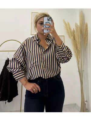Oversize Dikey Çizgili Poplin Gömlek - Lacivert Bej